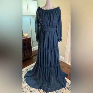 EUC Baltic Born Dress Navy Chiffon Tiered Maxi Boho Peasant Wedding Guest Medium